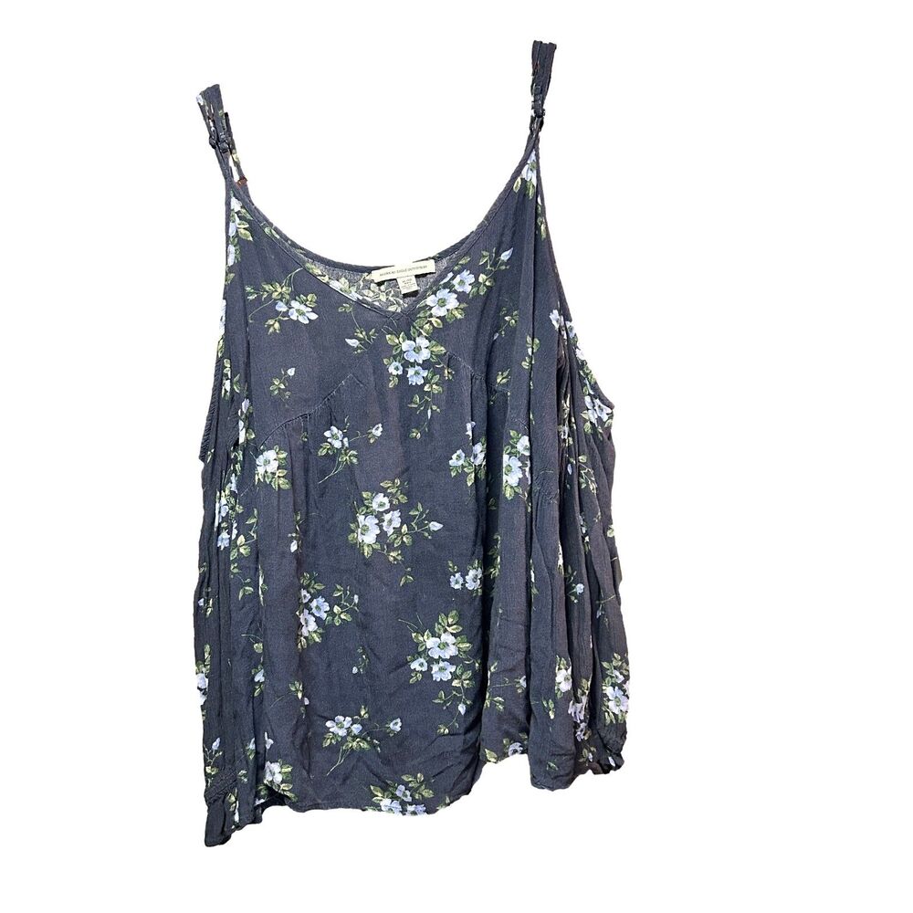 American Eagle Outfitters Floral Cold Shoulder Tank Top Blouse XL Gray Blue